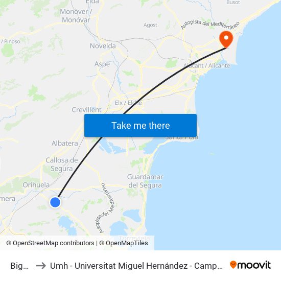 Bigastro to Umh - Universitat Miguel Hernández - Campus de Sant Joan D'Alacant map