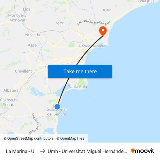 La Marina - Urb. Buenavista to Umh - Universitat Miguel Hernández - Campus de Sant Joan D'Alacant map