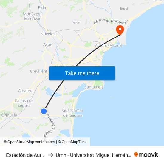 Estación de Autobuses de Almoradí to Umh - Universitat Miguel Hernández - Campus de Sant Joan D'Alacant map