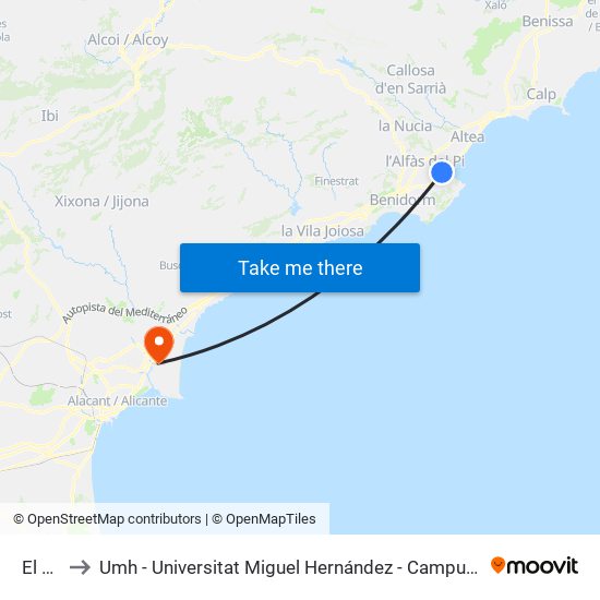 El Albir to Umh - Universitat Miguel Hernández - Campus de Sant Joan D'Alacant map