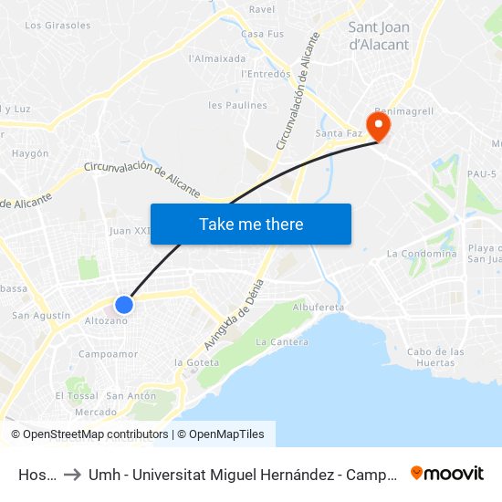 Hospital to Umh - Universitat Miguel Hernández - Campus de Sant Joan D'Alacant map