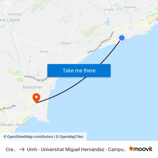 Creueta to Umh - Universitat Miguel Hernández - Campus de Sant Joan D'Alacant map