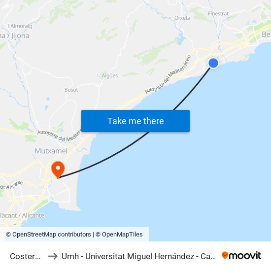 Costera Pastor to Umh - Universitat Miguel Hernández - Campus de Sant Joan D'Alacant map