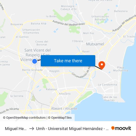 Miguel Hernandez 62 to Umh - Universitat Miguel Hernández - Campus de Sant Joan D'Alacant map