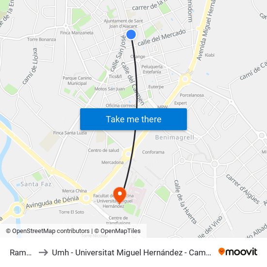 Rambla 34 to Umh - Universitat Miguel Hernández - Campus de Sant Joan D'Alacant map