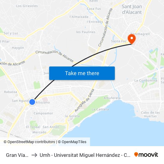 Gran Vía-Novelda to Umh - Universitat Miguel Hernández - Campus de Sant Joan D'Alacant map