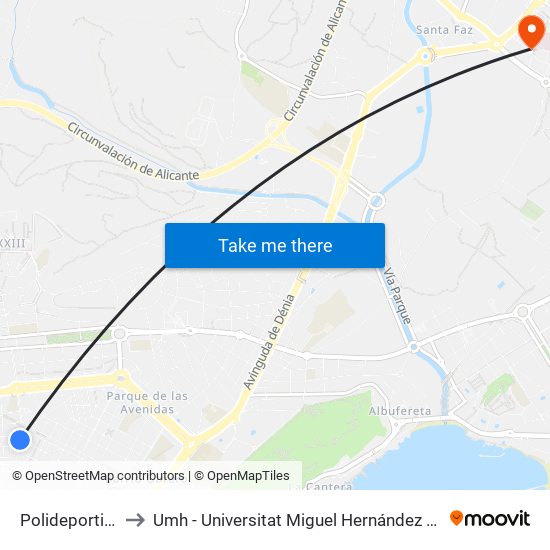 Polideportivo Carolinas to Umh - Universitat Miguel Hernández - Campus de Sant Joan D'Alacant map