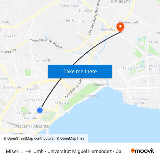 Misericordia to Umh - Universitat Miguel Hernández - Campus de Sant Joan D'Alacant map
