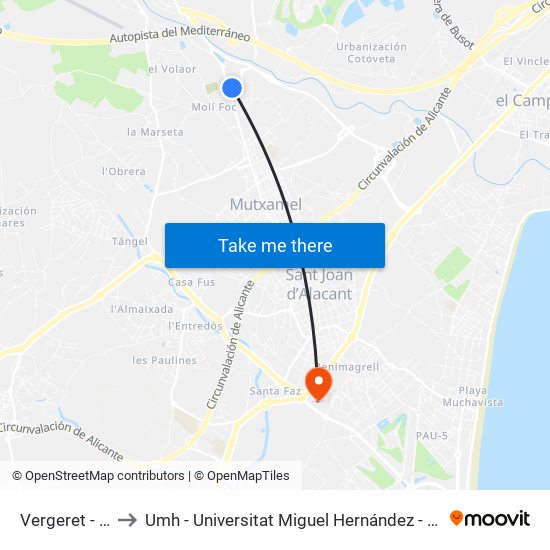 Vergeret - Bonnysa V to Umh - Universitat Miguel Hernández - Campus de Sant Joan D'Alacant map