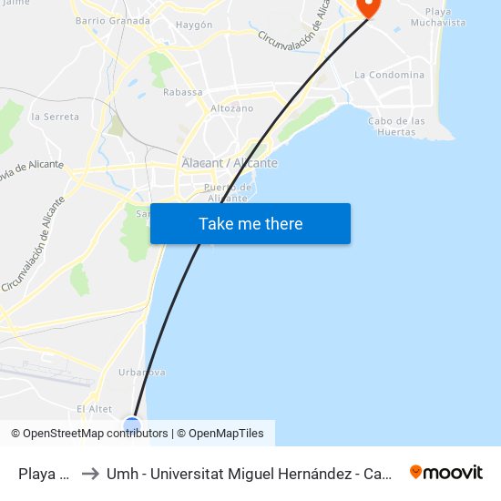 Playa El Altet to Umh - Universitat Miguel Hernández - Campus de Sant Joan D'Alacant map