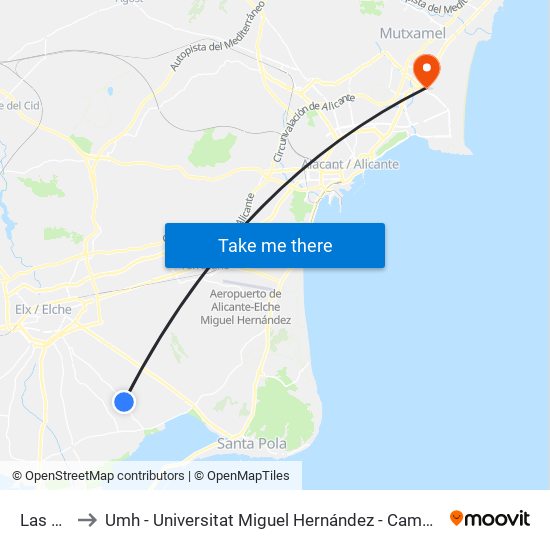 Las Bayas to Umh - Universitat Miguel Hernández - Campus de Sant Joan D'Alacant map