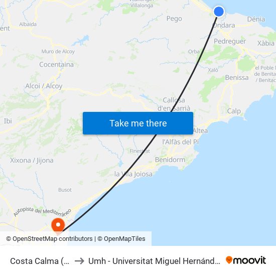 Costa Calma (Sentit Cervantes) to Umh - Universitat Miguel Hernández - Campus de Sant Joan D'Alacant map