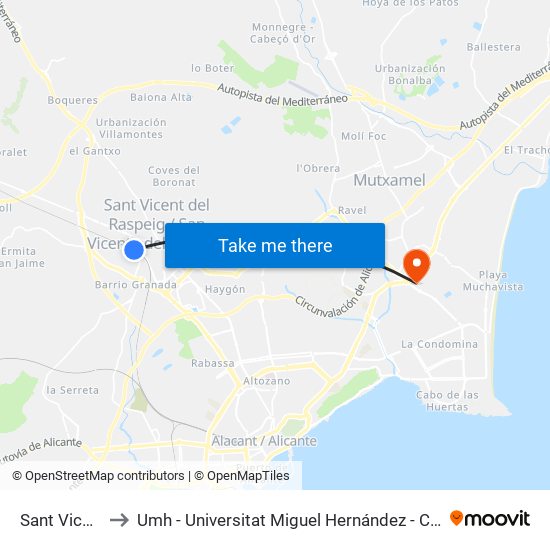 Sant Vicent Centre to Umh - Universitat Miguel Hernández - Campus de Sant Joan D'Alacant map