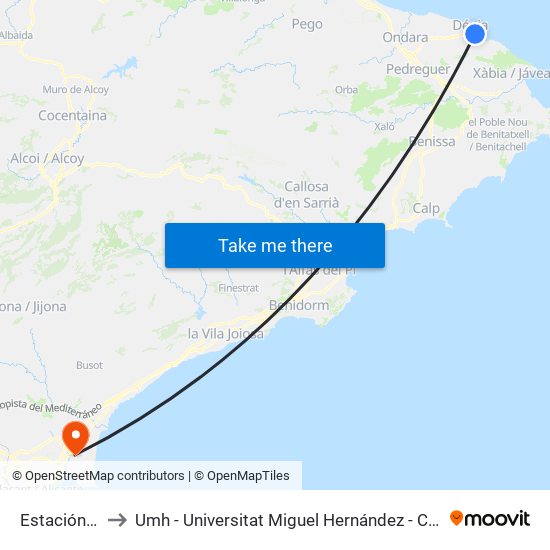 Estación de Denia to Umh - Universitat Miguel Hernández - Campus de Sant Joan D'Alacant map