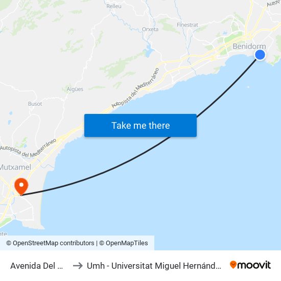 Avenida Del Mediterráneo, 44 to Umh - Universitat Miguel Hernández - Campus de Sant Joan D'Alacant map