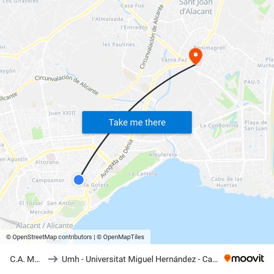 C.A. Montemar to Umh - Universitat Miguel Hernández - Campus de Sant Joan D'Alacant map