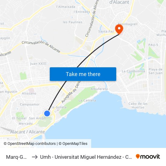 Marq-Gómez Ulla to Umh - Universitat Miguel Hernández - Campus de Sant Joan D'Alacant map