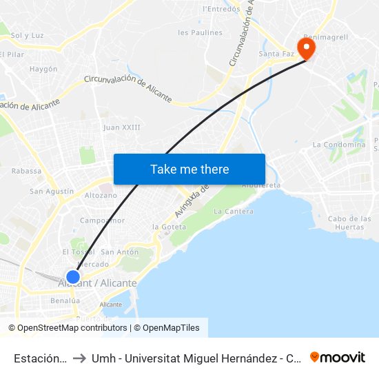 Estación-Correos to Umh - Universitat Miguel Hernández - Campus de Sant Joan D'Alacant map