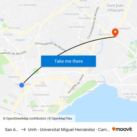 San Agustín to Umh - Universitat Miguel Hernández - Campus de Sant Joan D'Alacant map