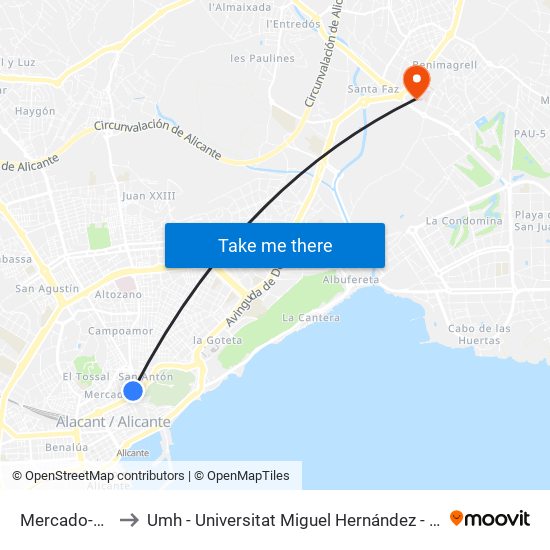 Mercado-San Vicente to Umh - Universitat Miguel Hernández - Campus de Sant Joan D'Alacant map