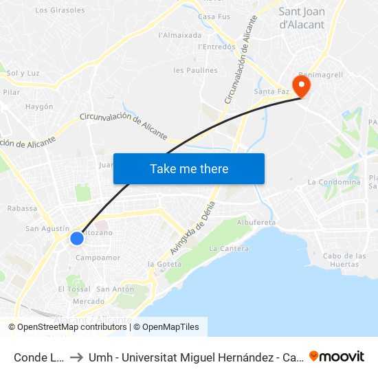 Conde Lumiares to Umh - Universitat Miguel Hernández - Campus de Sant Joan D'Alacant map