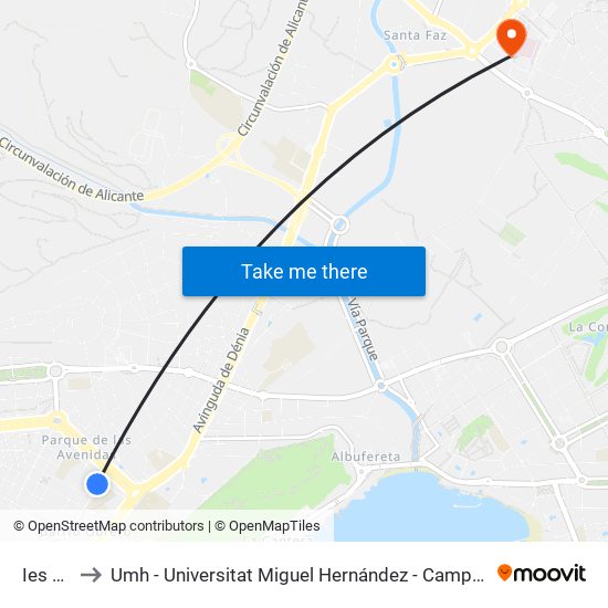 Ies El Pla to Umh - Universitat Miguel Hernández - Campus de Sant Joan D'Alacant map