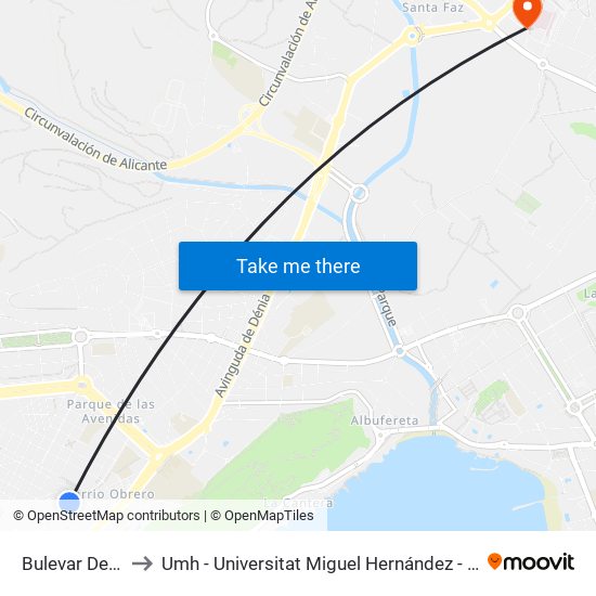 Bulevar Del Pla (Tram) to Umh - Universitat Miguel Hernández - Campus de Sant Joan D'Alacant map