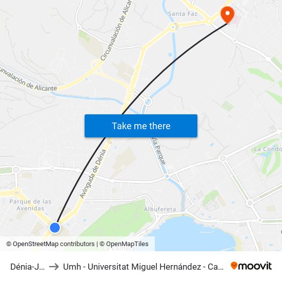 Dénia-Jesuitas to Umh - Universitat Miguel Hernández - Campus de Sant Joan D'Alacant map
