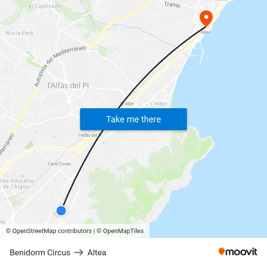 Benidorm Circus to Altea map