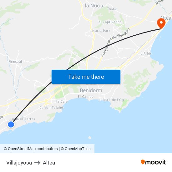 Villajoyosa to Altea map