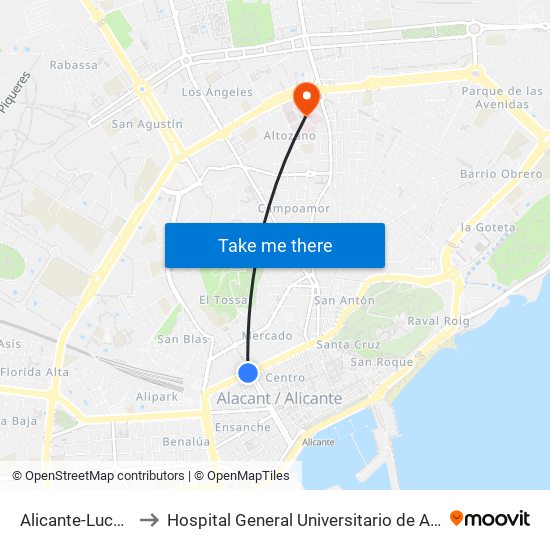 Alicante-Luceros to Hospital General Universitario de Alicante map