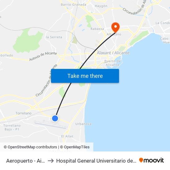 Aeropuerto - Airport to Hospital General Universitario de Alicante map