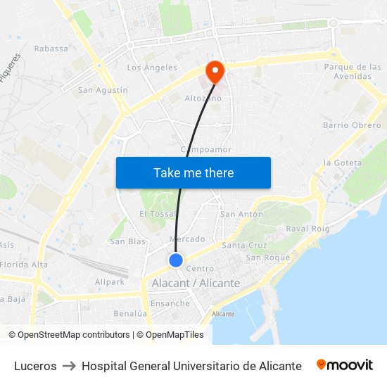 Luceros to Hospital General Universitario de Alicante map