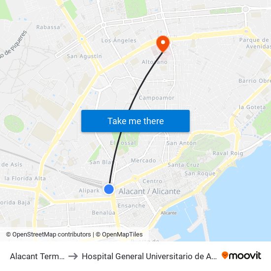 Alacant Terminal to Hospital General Universitario de Alicante map