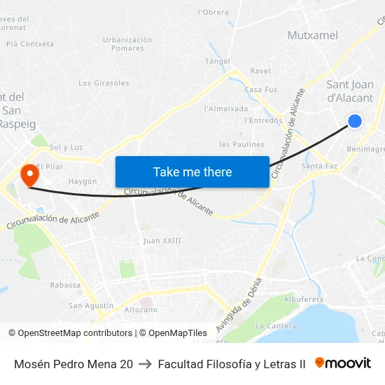 Mosén Pedro Mena 20 to Facultad Filosofía y Letras II map