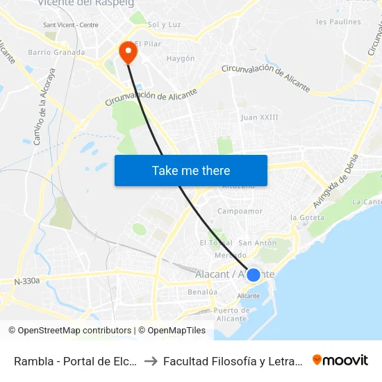 Rambla - Portal de Elche to Facultad Filosofía y Letras II map