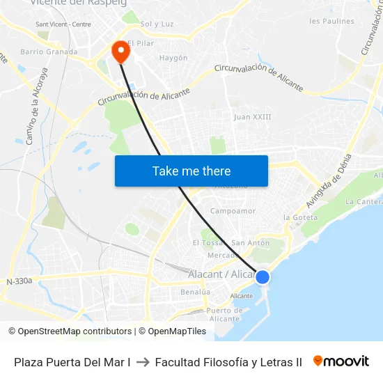 Plaza Puerta Del Mar I to Facultad Filosofía y Letras II map