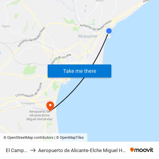 El Campello to Aeropuerto de Alicante-Elche Miguel Hernández map