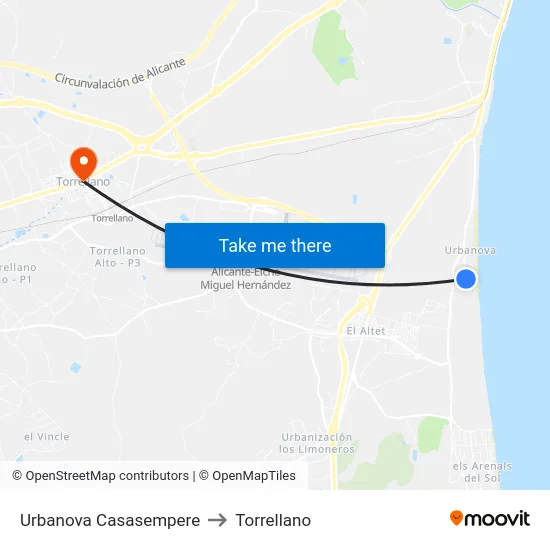 Urbanova Casasempere to Torrellano map