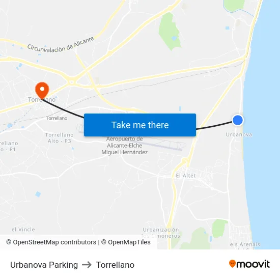Urbanova Parking to Torrellano map