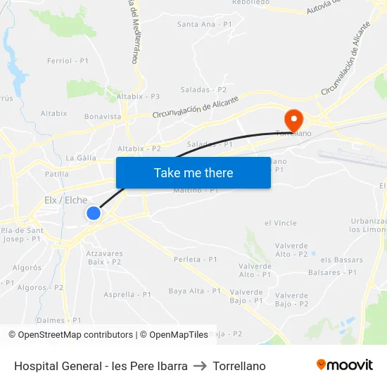 Hospital General - Ies Pere Ibarra to Torrellano map
