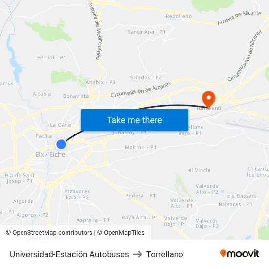 Universidad-Estación Autobuses to Torrellano map