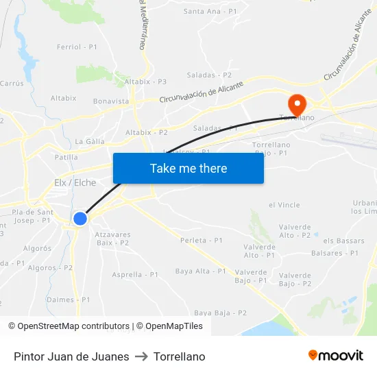 Pintor Juan de Juanes to Torrellano map