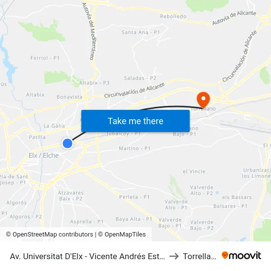 Av. Universitat D'Elx - Vicente Andrés Estellés to Torrellano map