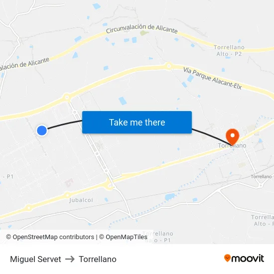 Miguel Servet to Torrellano map