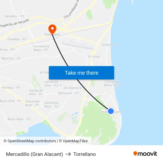 Mercadillo (Gran Alacant) to Torrellano map