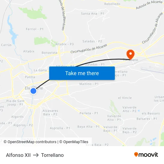 Alfonso XII to Torrellano map
