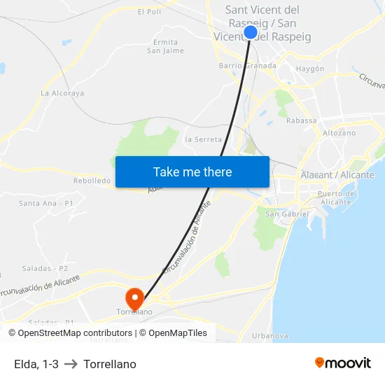 Elda, 1-3 to Torrellano map