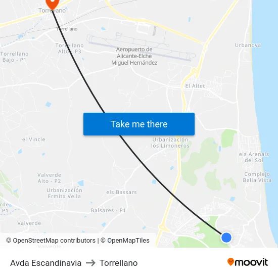 Avda Escandinavia to Torrellano map