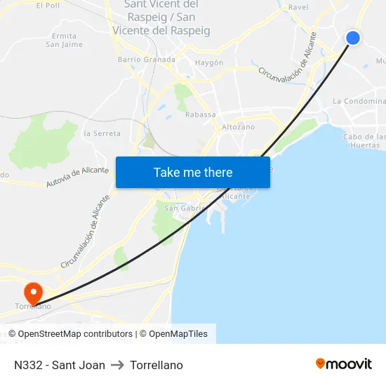 N332 - Sant Joan to Torrellano map